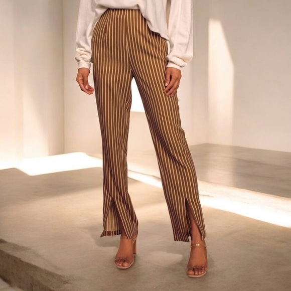 Lulus Never Too Late Striped Split Hem Pants Brown Cream  Size S Small - Picture 1 of 14